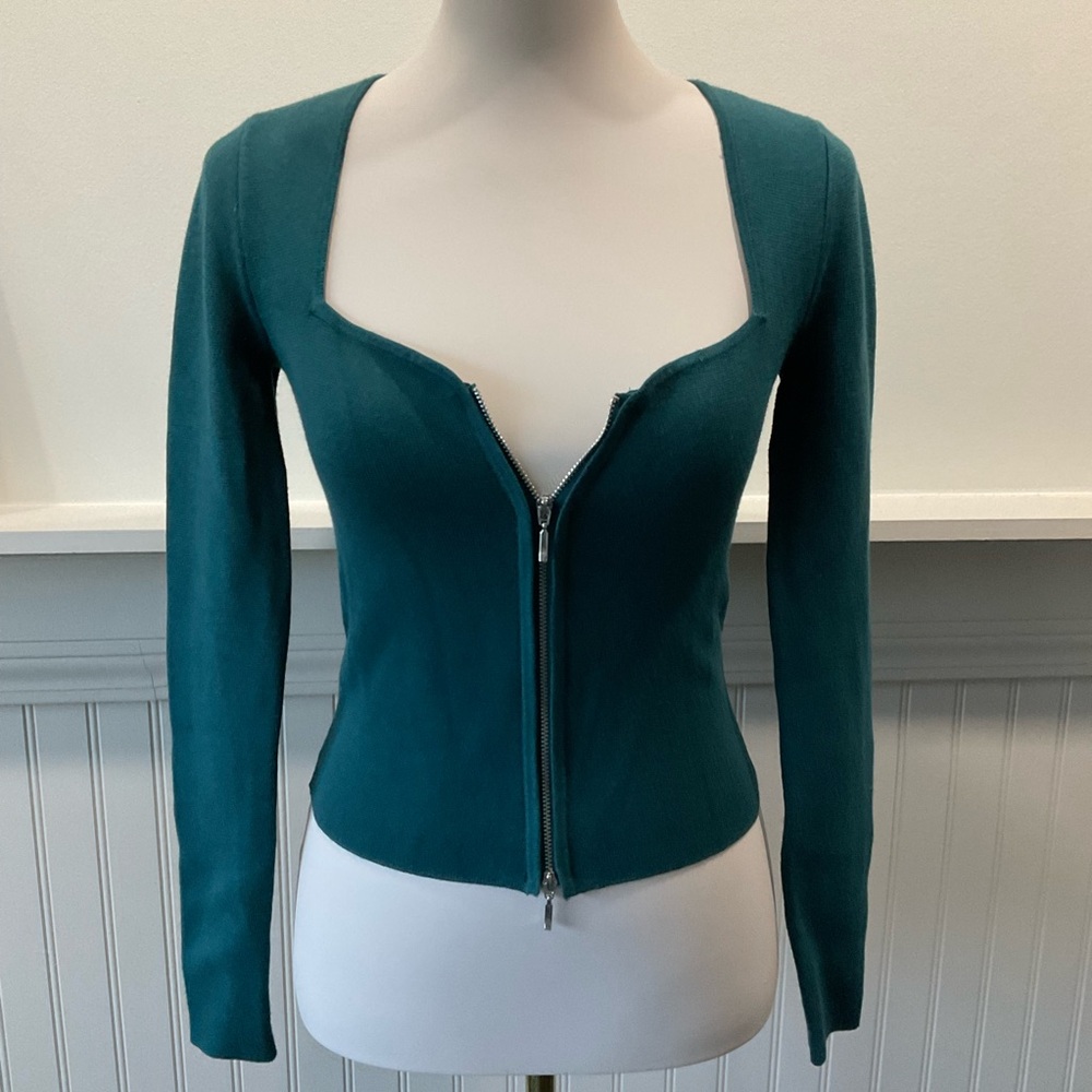 Abercrombie & Fitch Cropped Zip Sweater Size Small Green Dual Zip Stretch Knit